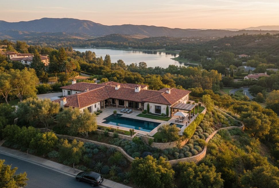 "Aerial view of a luxury Mediterranean estate in Westlake Village, California, featuring a private pool and panoramic views of the lake and Santa Monica Mountains at sunset."